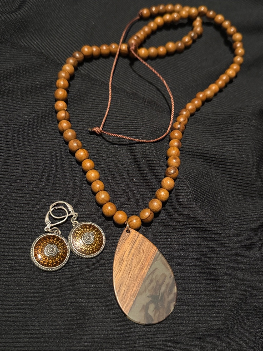 Brown & silver & wood & metal necklace and earrings